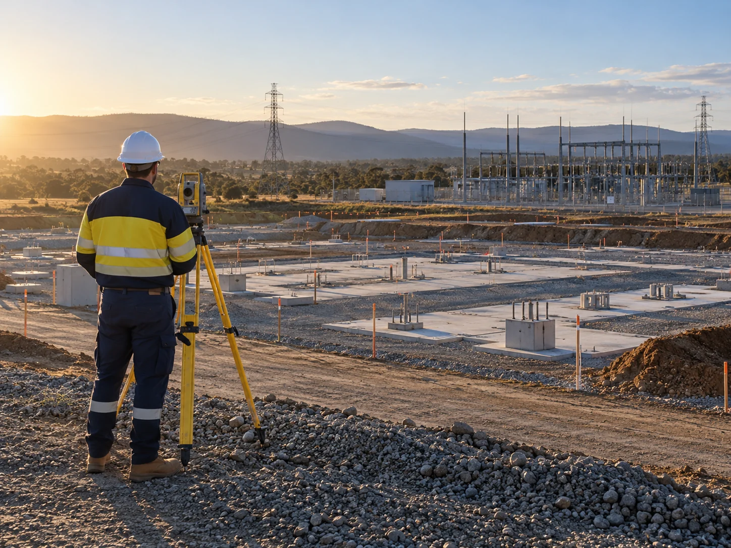 Survey engineer reviewing the footprint of an electrical compound beside a grid substation