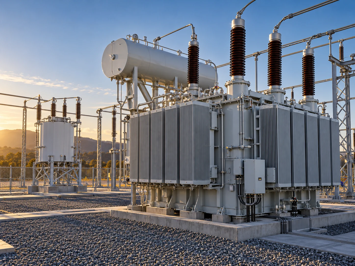 Illustration of a utility power transformer and shunt reactor in a substation
