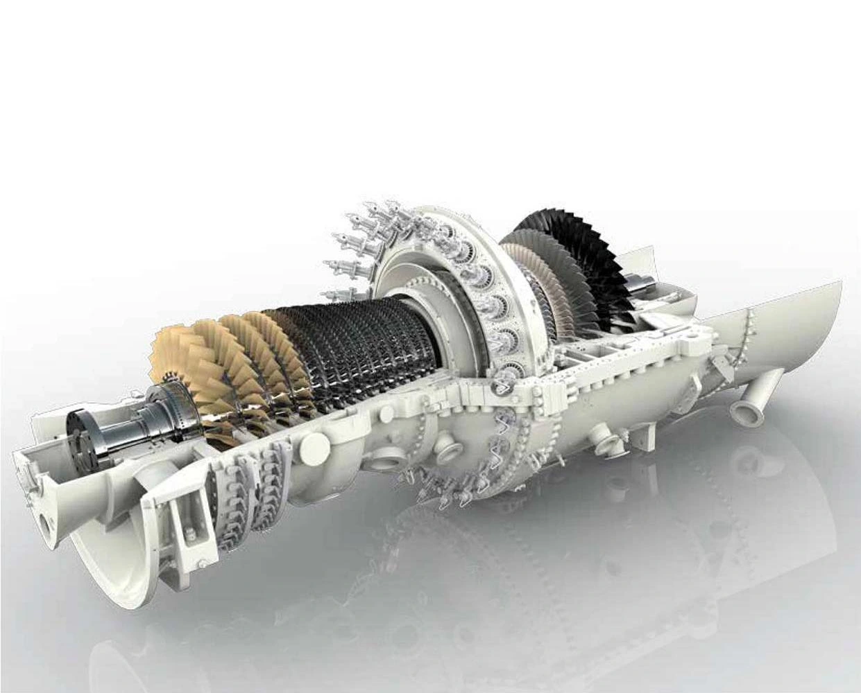 Manufacturer cutaway of the AE94.3A F-class gas turbine, showing its compressor, combustion chamber and turbine stages