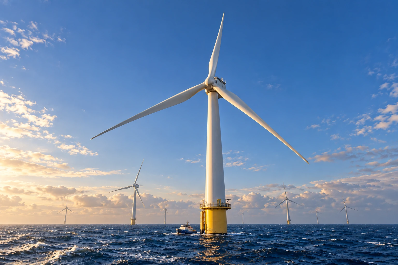 Massive offshore wind turbine with its complete three-bladed rotor visible above a small service vessel and distant turbines