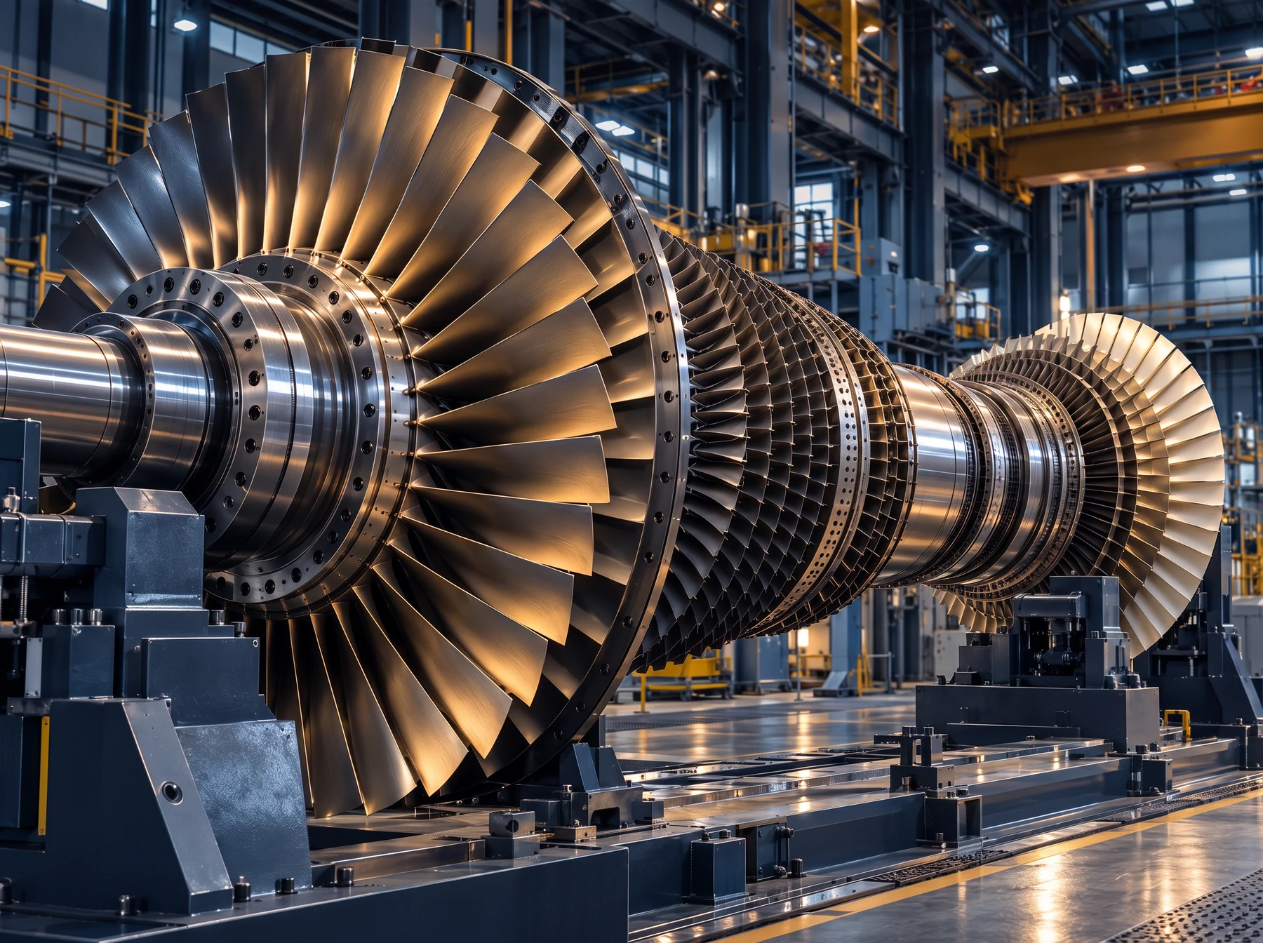 Gas-turbine rotor and precision blades on a manufacturing assembly line