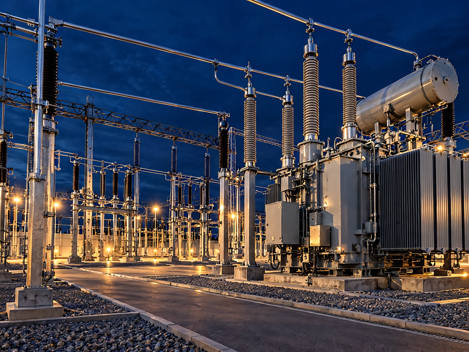 Transformer and high-voltage substation infrastructure illuminated at dusk