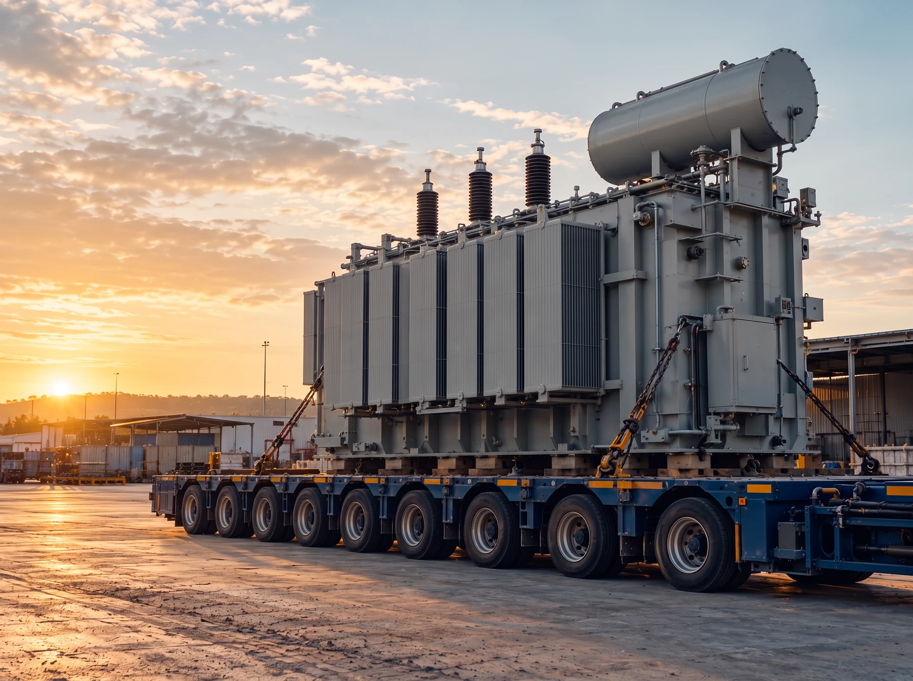 Power transformer secured to a multi-axle transport trailer