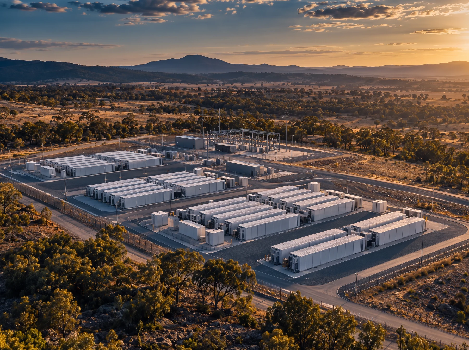 Utility-scale battery storage containers beside their grid connection