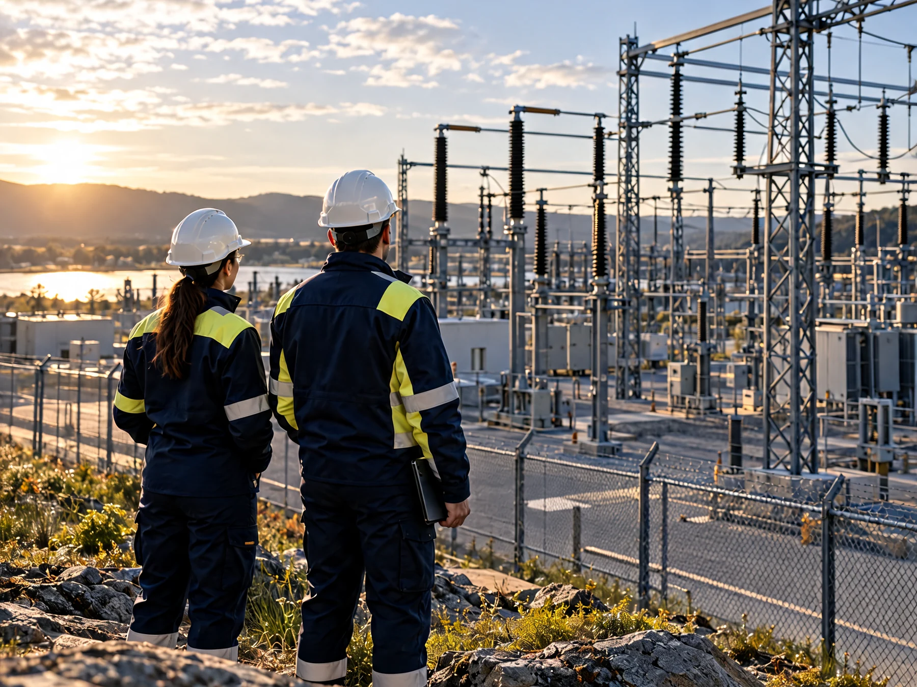 Two engineers inspecting a high-voltage substation from outside the fenced equipment area