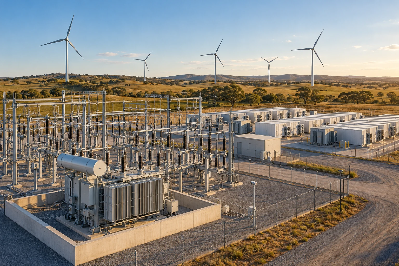 Substation with a power transformer and high-voltage switchyard, adjacent battery energy storage and wind turbines beyond