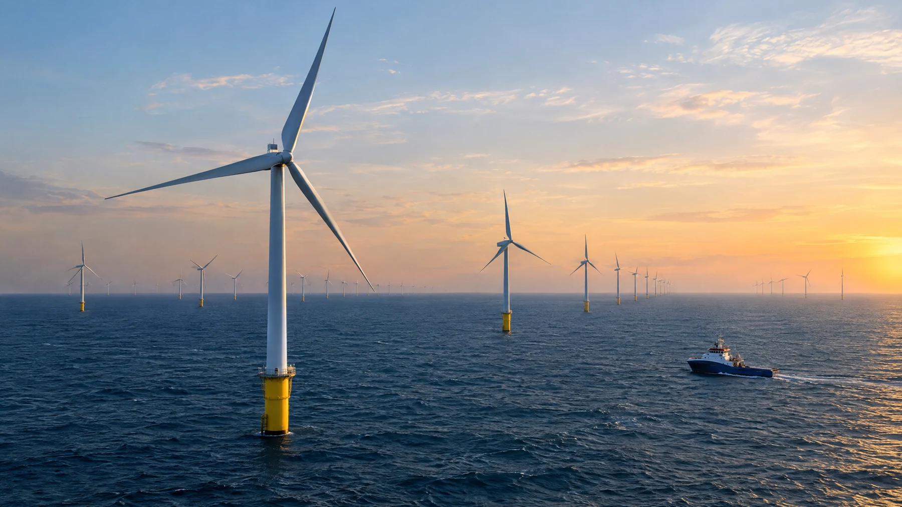 Offshore wind turbines with yellow transition pieces above the sea