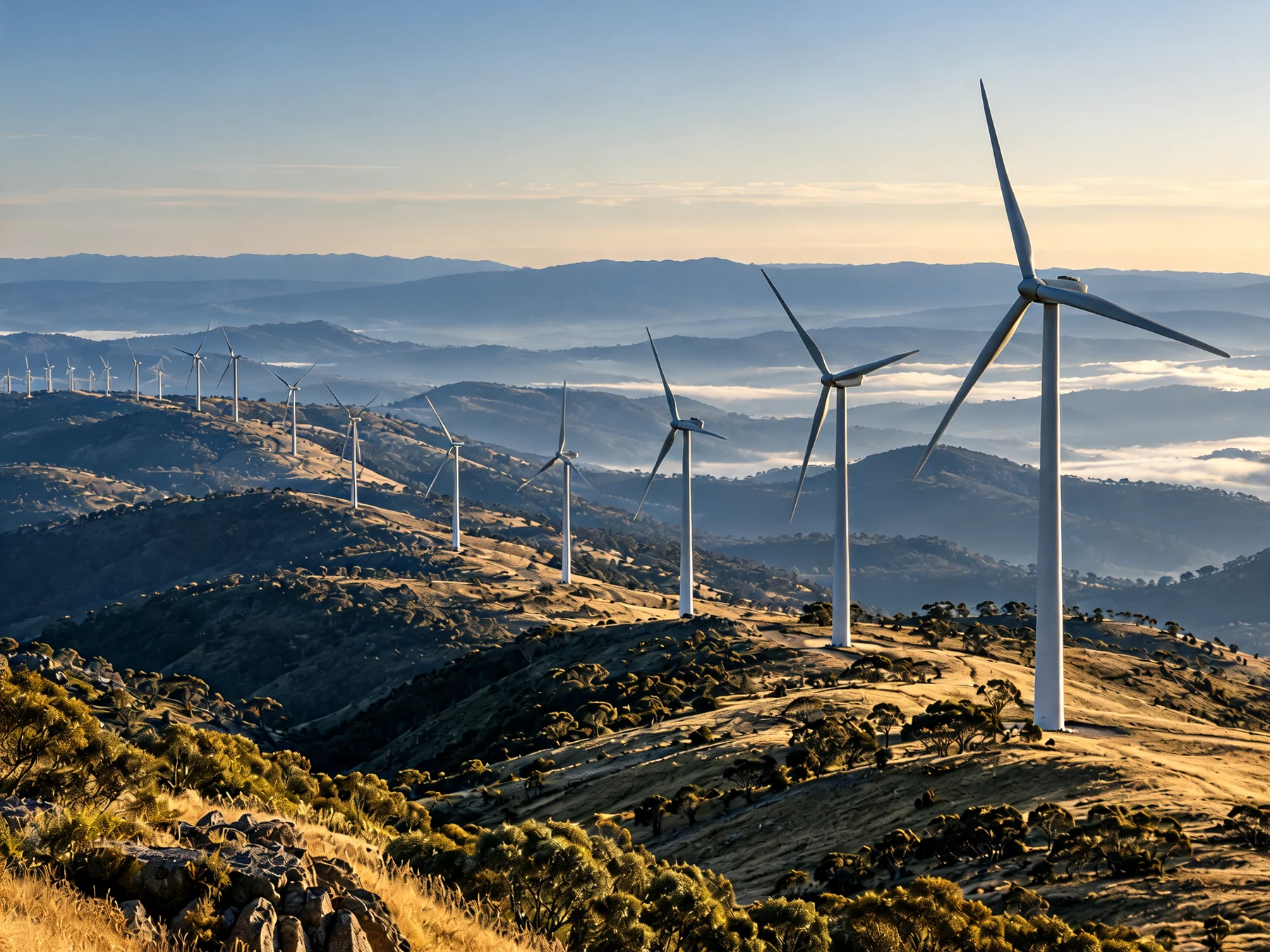 Onshore wind turbines distributed across mountain ridges
