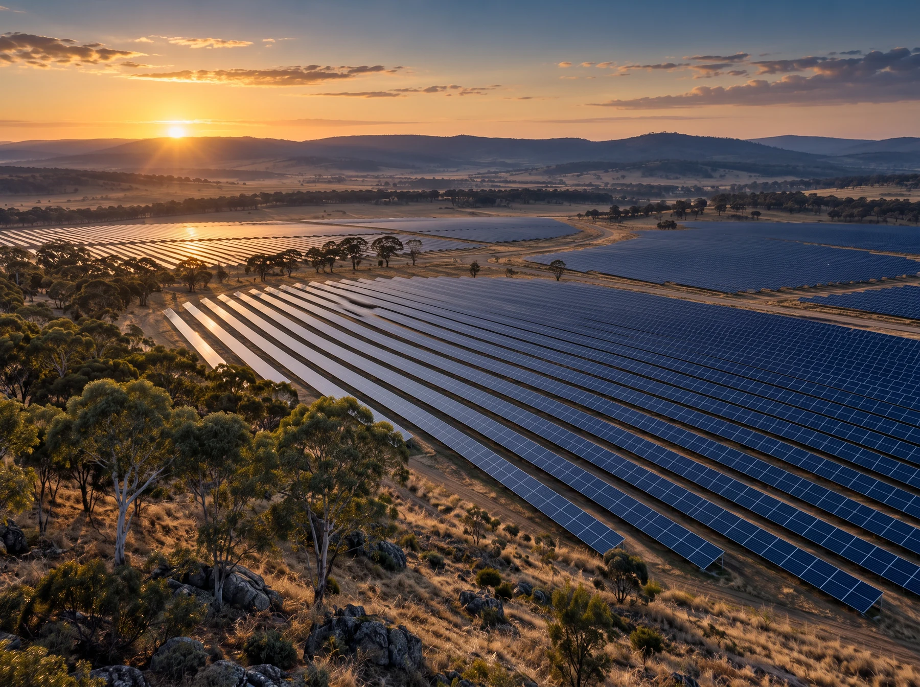 Illustration of utility-scale solar arrays across an open landscape at sunrise