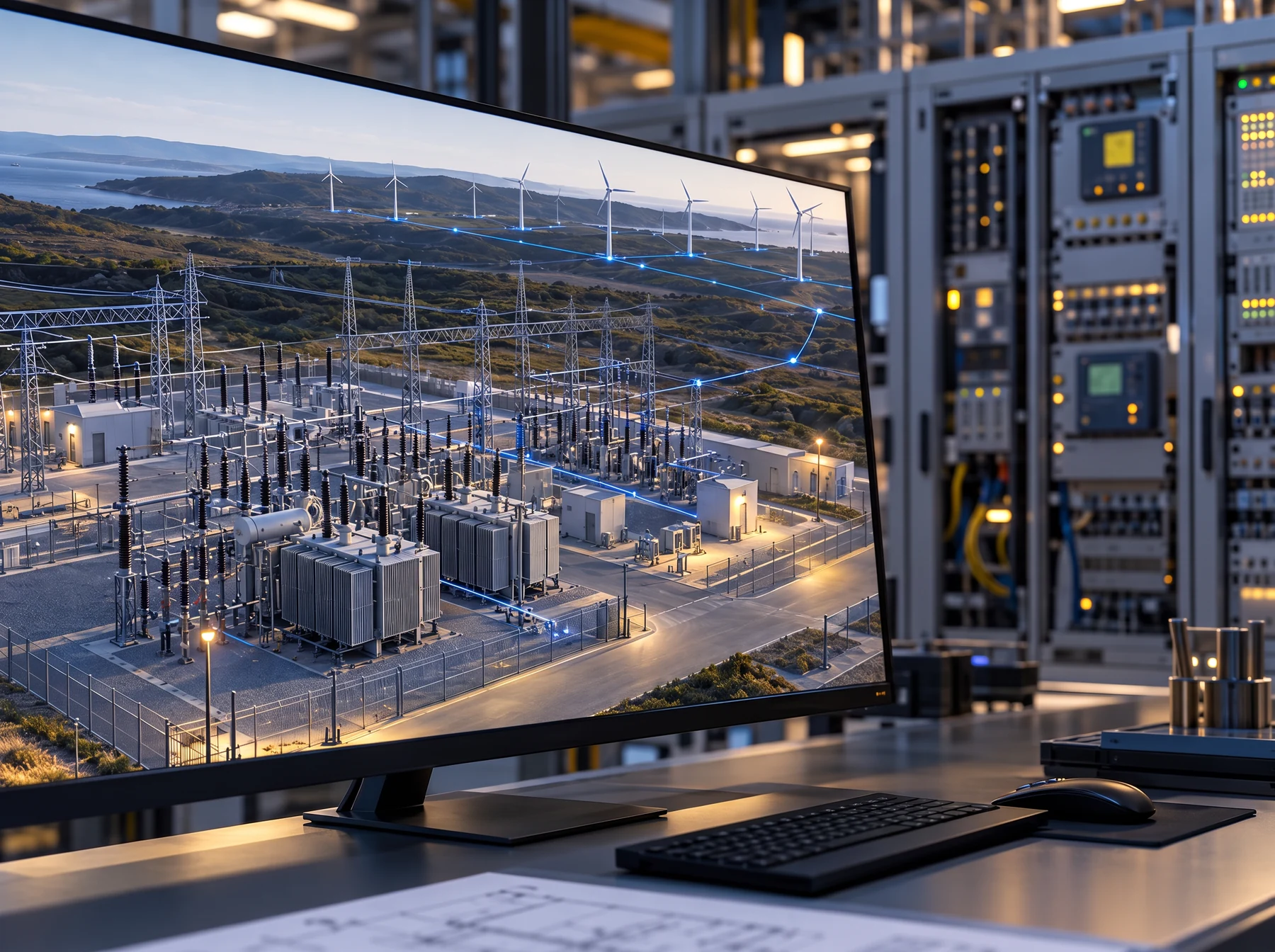 Digital model of wind generation and a substation displayed in a grid automation laboratory